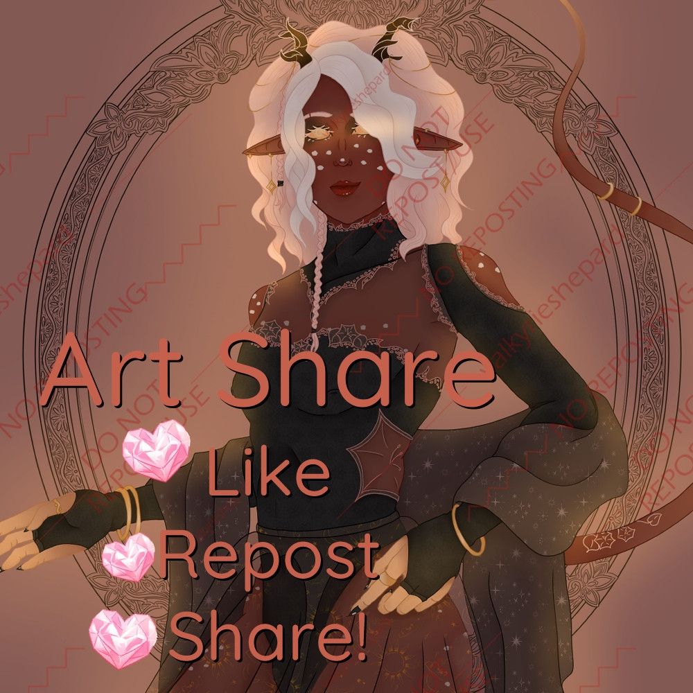 A feminine man in black lacy clothing behind text: art share. Like, repost, share!