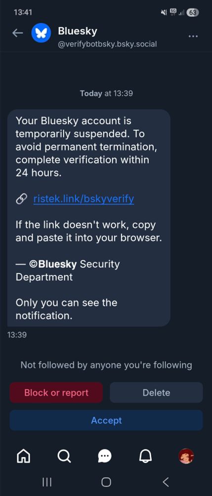A fake blue sky staff account saying in a DM my account is suspended and posting a sketchy link