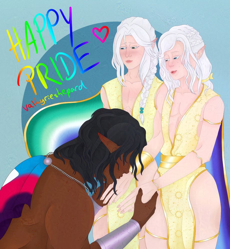 Elias kneeling before Zev and Paul, gay and poly pride flags in them as cape