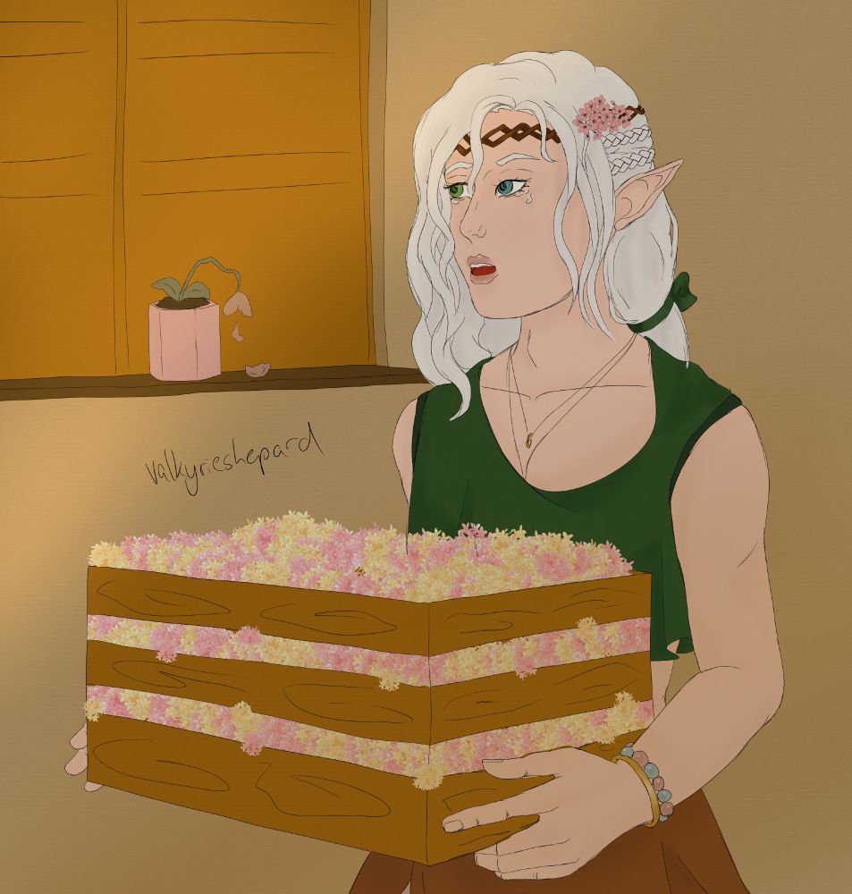 a feminine, pale young elven looking man passes by a wilting flower holding a crate full of flowers. he has white hair, wears a green top and a brown skirt. he looks surprised, with tears in his eyes. 