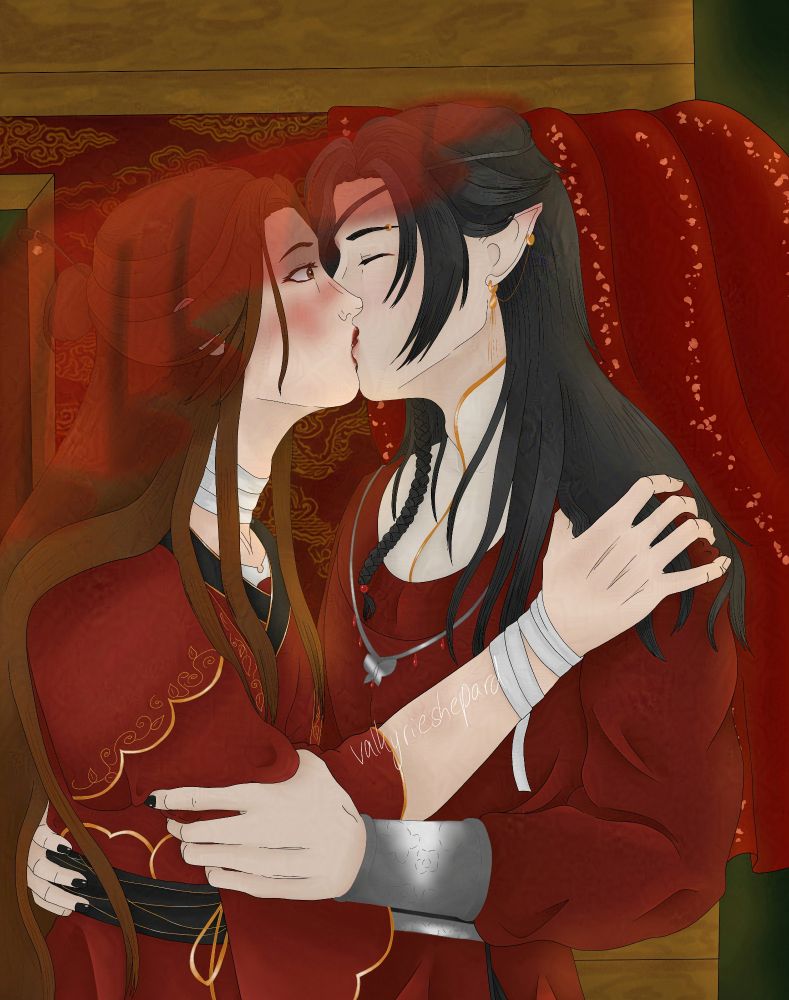 tgcf fanart. hua cheng has pulled xie lian dressed in wedding robes into a kiss, xie lian is looking surprised, his veil falling off his head. 