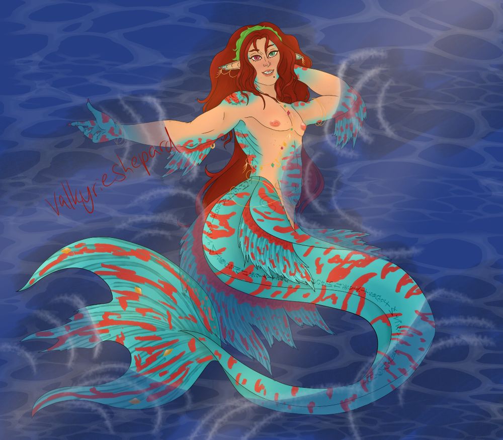 same oc as a kilifish merman with a blue tail and red stripes, lying in the sun