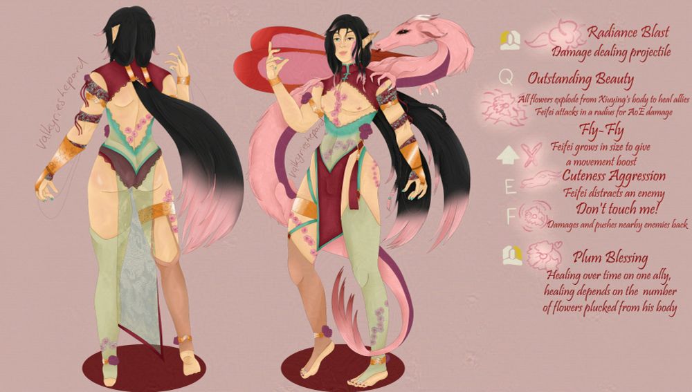front and back view of xiuying with the abilities on the right, he is scantily clad and has his spirit dragon behind him, one claw n his shoulder