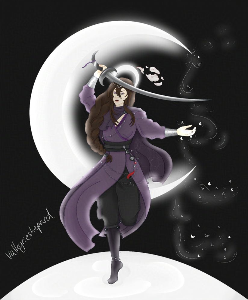 tgcf fanart. cin yu stepping on a pool of moonlight, a waning moon behind him. he wields a crescent moon blade and moonlight dripping from the moon behind him.