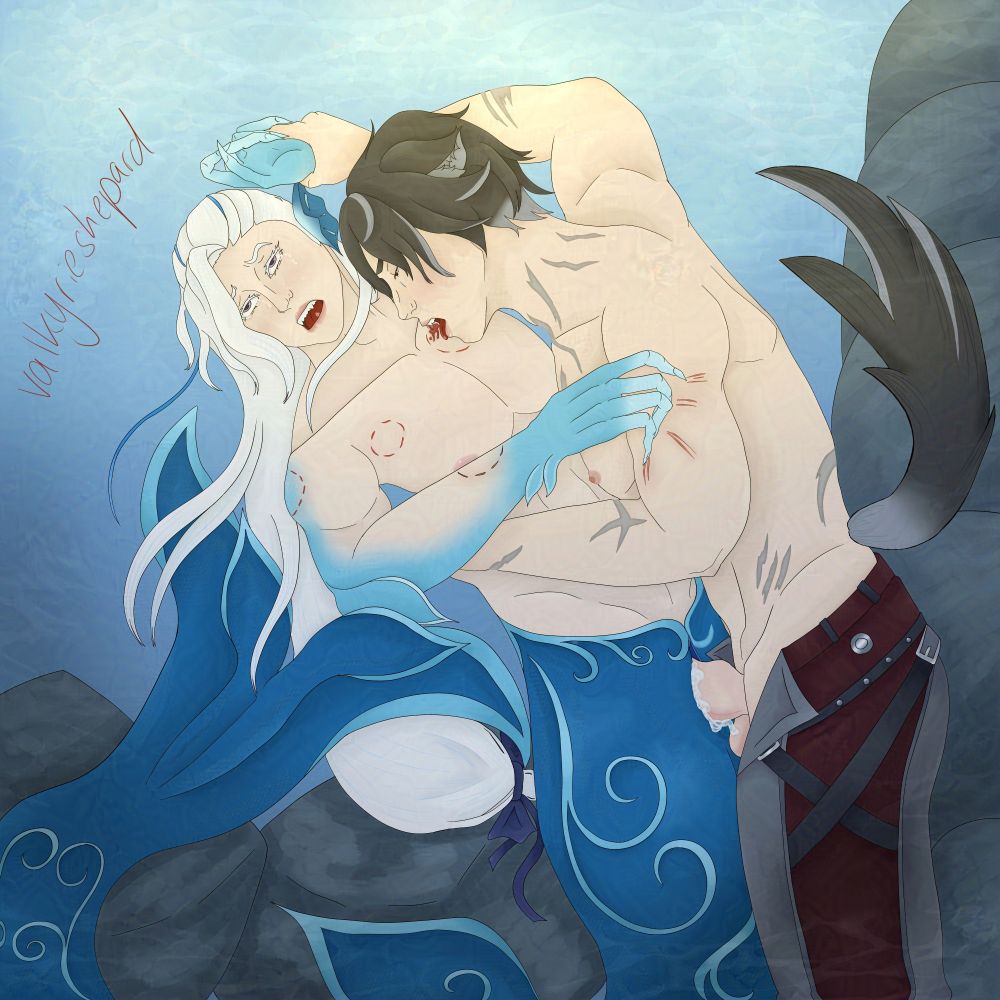 genshin impact fanart. merman neuvillette is being penetrated by wolf wriothesley, both are underwater