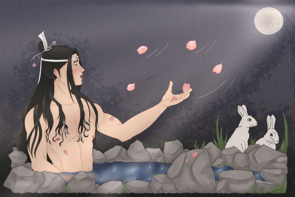 lan wangji from mdzs bathing in a pool under the moonlight. cherry blossoms are falling from the sky. to the right, two white rabbits sit by the pool. His hair is somewhat wet and he's flushing as he's touching himself under the water.