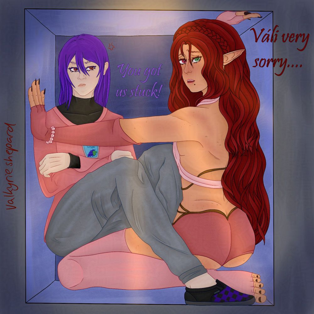 two people stuck in a box, on the left a purple haired person with a pink shirt has their arms crossed, on the right a long red haired man in pink clothing presses against the box. text: you got us stuck! váli very sorry... 