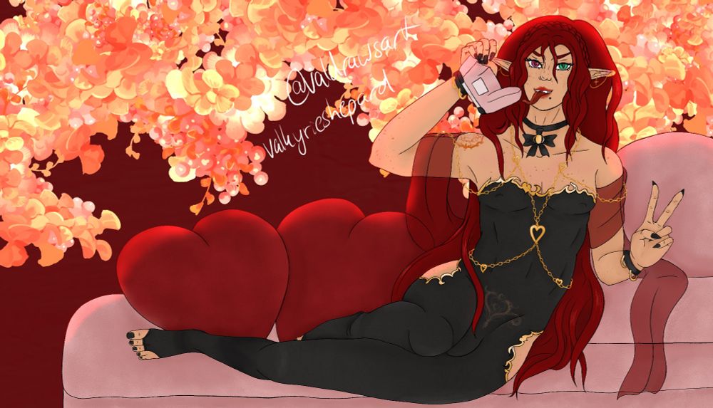 same oc with a black bodysuit with golden accessories, he holds a game controller he's licking, lying on a pink cough with red heart pillows