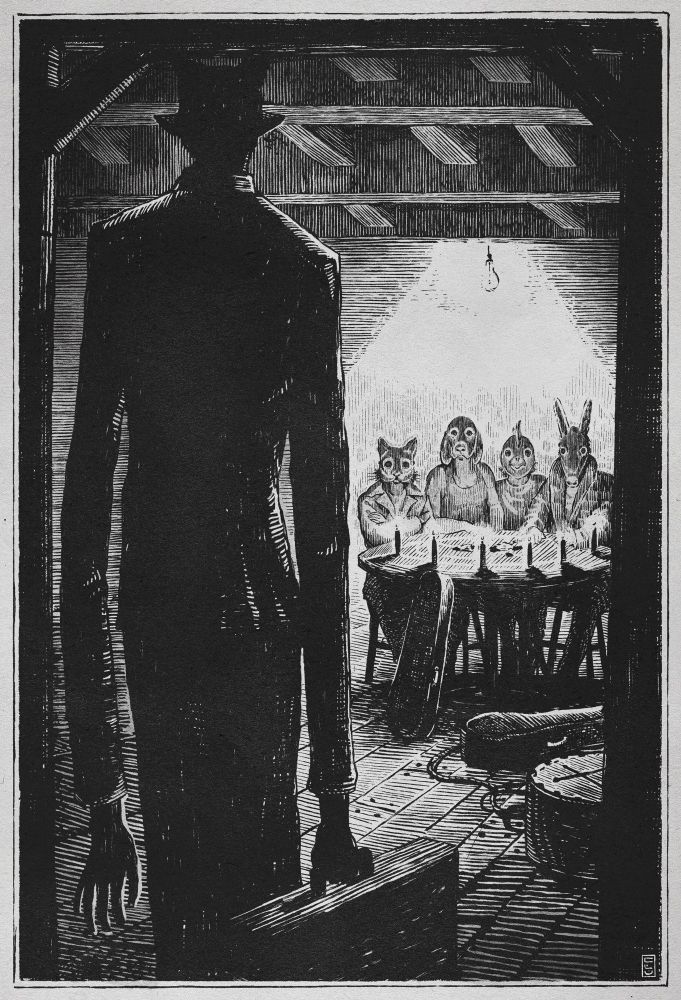 An etching style illustration of an elongated horned figure carrying a briefcase emerging through a doorway with its back to the viewer. Four animal masked figures sit at a table under a single lightbulb. The table is lined with ritualistic candles. instrument cases are scattered on the floor 