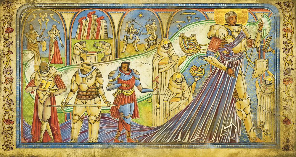 An illustration emulating a medieval fresco. To the left a figure robed in blue is armored in masked liturgy. To the right three smaller figures bear symbols of scholastic stewardship: a scroll, a sword, and a scale. Each figure wears armor. Behind them are smaller illustrations depicting the designing, fabrication, and training of war machines. 