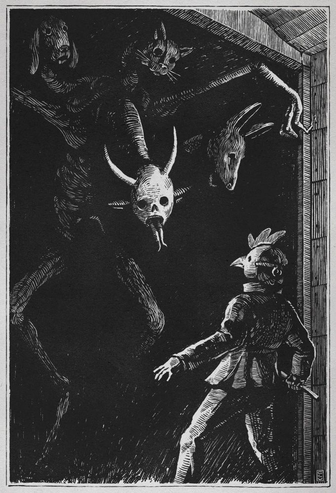 An etching style illustration of the devil emerging through a dark doorway, looming over a person wearing a mask of a cockerel. The Devil is made of coiling and elongated  limbs bent at impossible angles. several of its limbs wear animal masks 