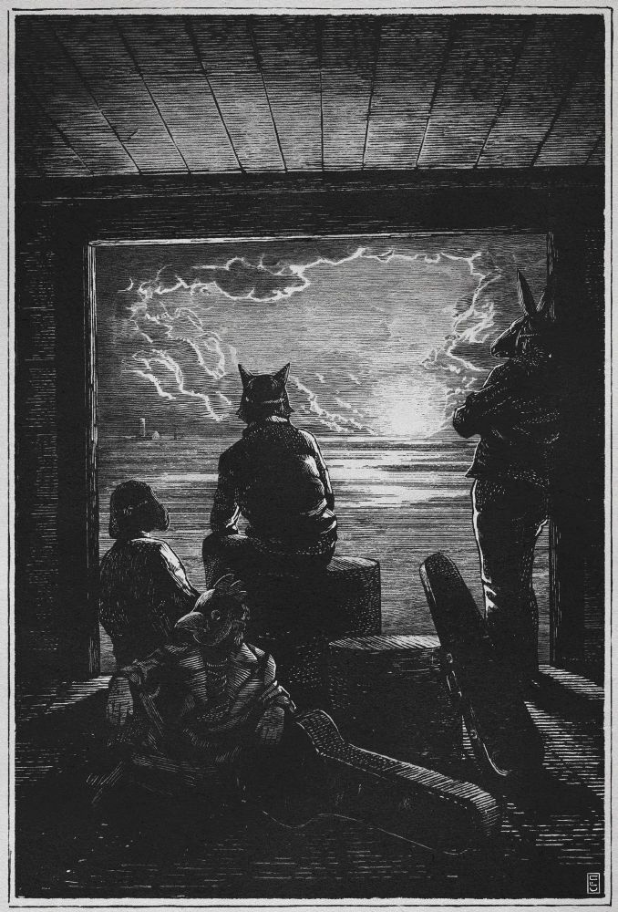 An etching style illustration of four animal masked figures looking out the open door of a train boxcar. Instrument cases are piled in the middle. The sun rises over thick clouds