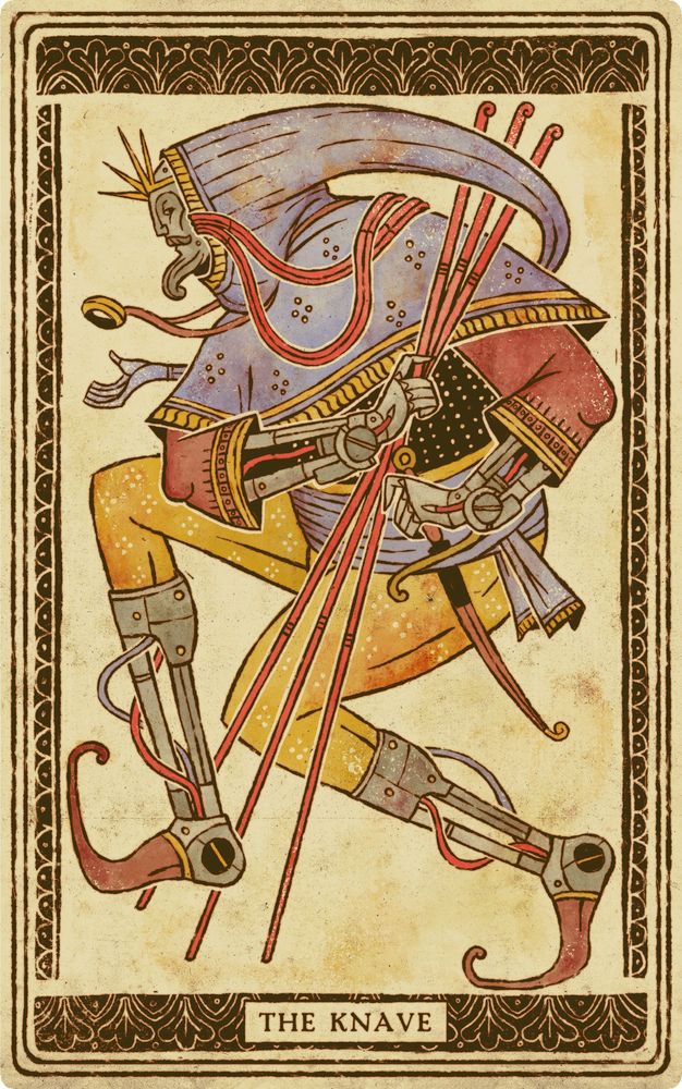 A medieval tarot card styled illustration of a figure dressed in a long hood. Their forearms, legs, and face are mechanical. They carry three thin staves and a curved dagger.  