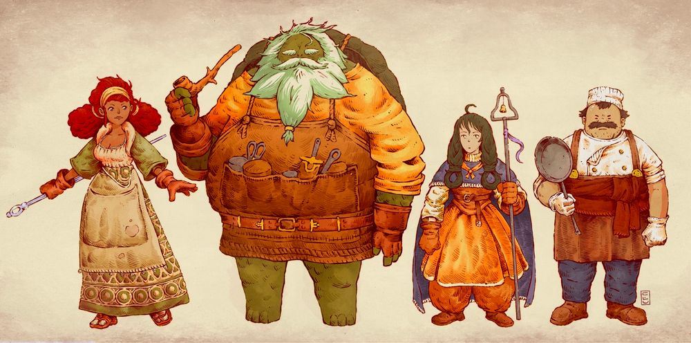 Four illustrated figures: the first has curly red hair, a staff, and an apron over a patterned dress. The second is a turtle man with a white beard, work apron, large pipe and a yellow shirt. The third is a small woman with woven braids, blue cloak, yellow skirt and a stave shaped like a bell. The fourth is a portly chef with a mustache, small eyes, and a frying pan 