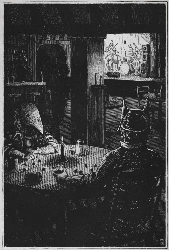 An etching style illustration of a dimly lit bar. Two figures in animal masks play liars dice at a table in the foreground while a band plays music in the distance. More masked figures stand near the bar counter