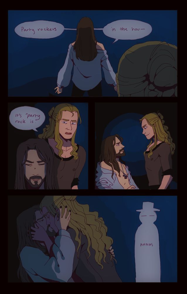 A 4-panel comic of the characters from the JCS Swedish Arena Tour. Jesus preaches, "Party rockers in the hou-," but Judas approaches from the shadows and corrects him: "It's 'party rock is.'" They glare at each other for a tense moment before embracing in a passionate kiss. An exasperated Annas looks on from the background.