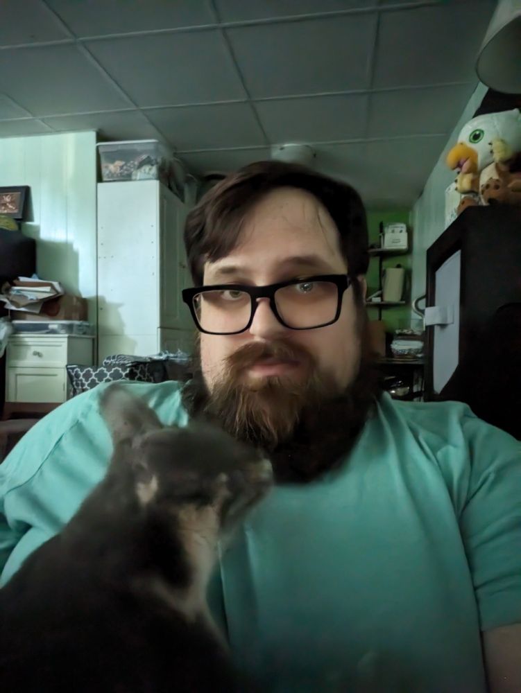 A bearded man (who is me) looks skeptically at the camera as a blurry cat tries to scoot her way up to his face and into his heart (it worked, it always works).