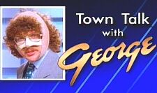 A screen from Weird Al's movie UHF that is an ad for a Jerry Springer-esque talk show called "Town Talk with George". Weird Al appears in full head dressings from injuries sustained earlier in the commercial.