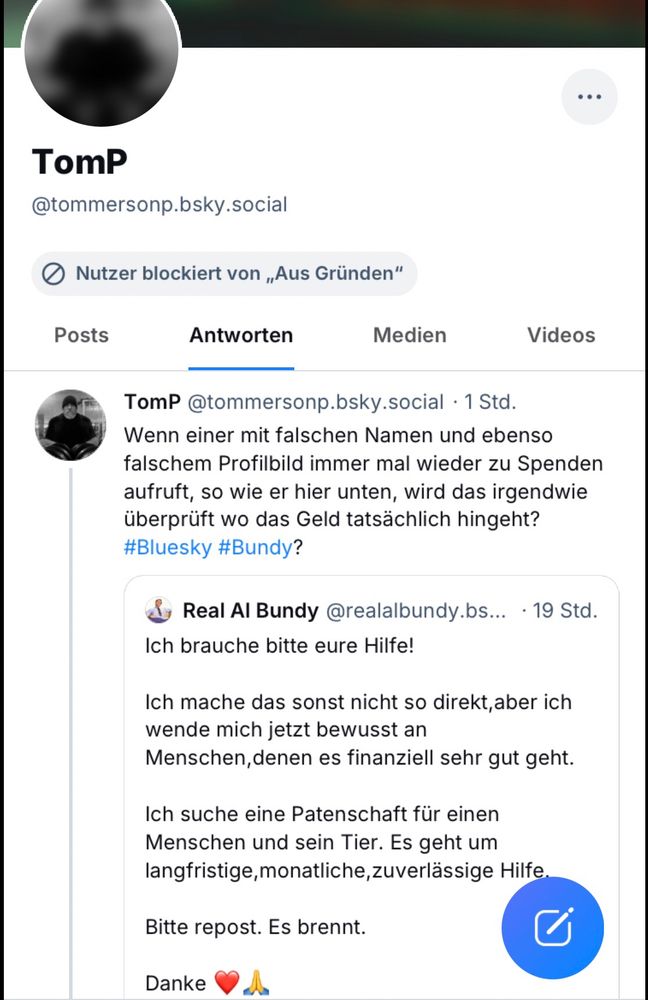 Screenshot von @tommersong.bsky.social
Wo er anhand eines Drückos den Account @realalbundy.bsky.social als mit falschen Namen und Profilbild als Spendenbetrüger verleumdet