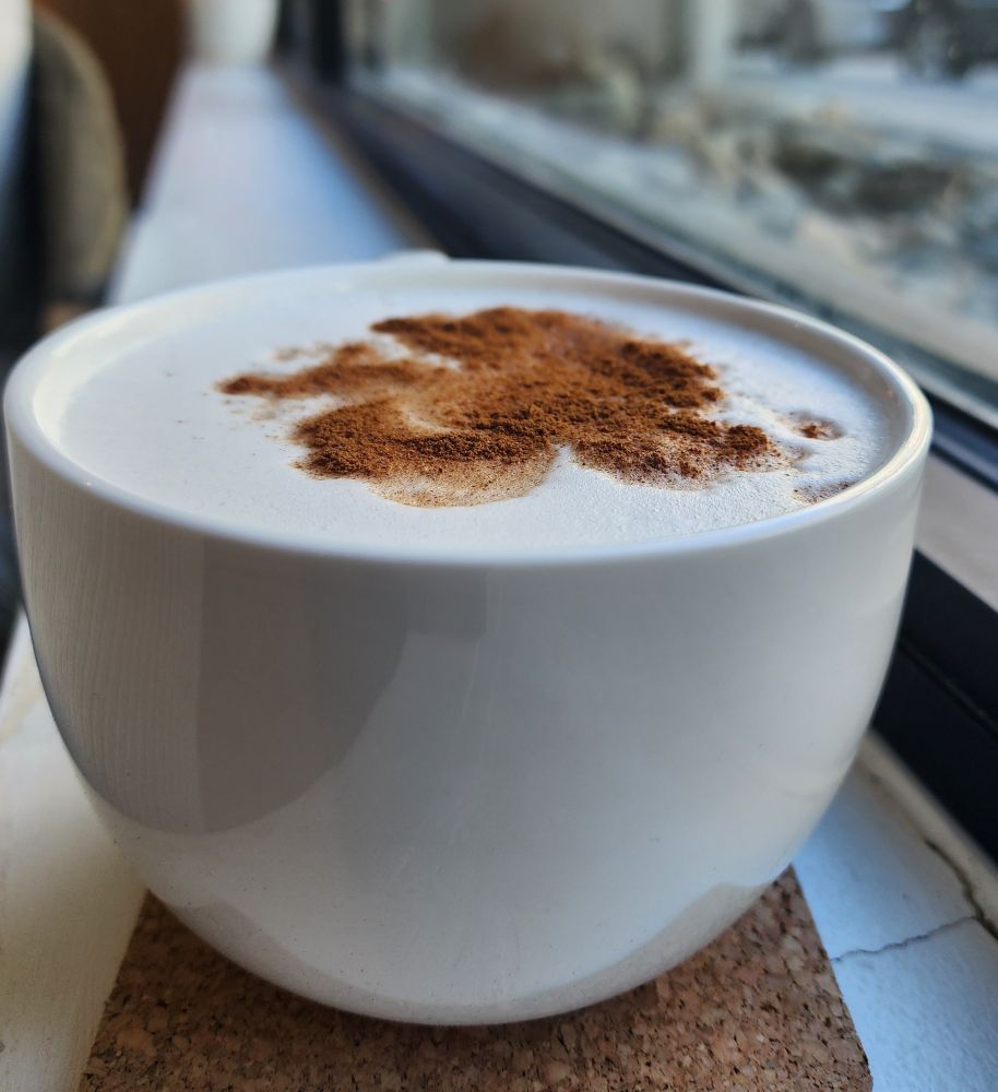 A white mug on a cork coaster. There's a layer of white foam and brown cinnamon powder on top.