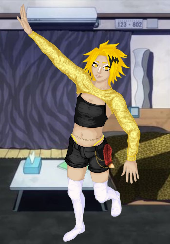 A digital drawing of the chatacter Kaminari Denki from the anime My Hero Academia. He is in his dorm room, dressed in Gyaru-style clothes and makeup, dancing Para Para. 