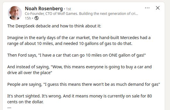 A screenshot of a LinkedIn post by Noah Rosenberg, CTO of Wolf Games:

"The DeepSeek debacle and how to think about:

Imagine in the early days of the car market, the hand-built Mercedes had a range of about 10 miles, and needed 10 galls of gas to do that.

Then Ford says, "I have a car that can go 10 miles on ONE gallon of gas!"

And instead of saying, "Wow, this means everyone is going to buy a car and drive all over the place"

People are saying, "I guess this means there won't be as much demand for gas"

It's short sighed. It's wrong. And it means money is currently on sale for 80 cents on the dollar."