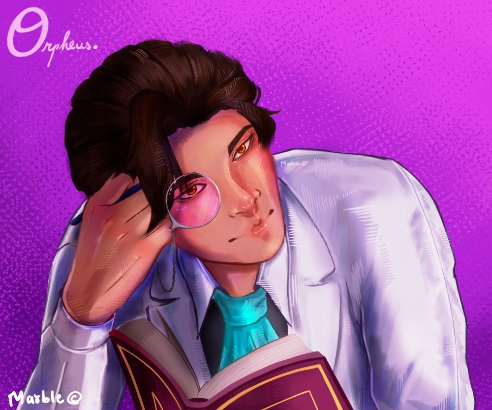 Orpheus DeRoss from the game Identity V holding a book and leaning against his first.