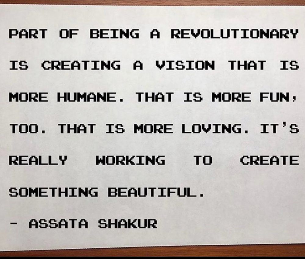PART OF BEING A REVOLUTIONARY IS CREATING A VISION THAT IS MORE HUMANE. THAT IS MORE FUN: TOO. THAT IS MORE LOVING. IT's REALLY HORKING TO CREATE SOMETHING BEAUTIFUL. - ASSATA SHAKUR