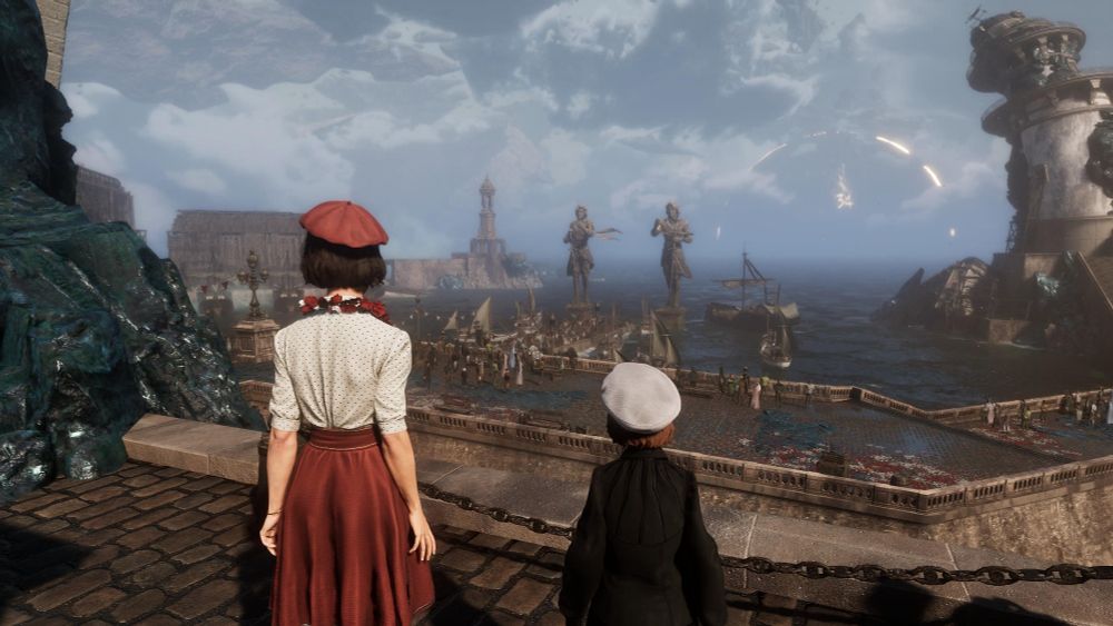 A screenshot from the game "Clair Obscur Expedition 33." A woman, Sophie, and a young girl overlook the harbor. In the distance, the paintress sits right above the horizon and a tower reads the number "34."