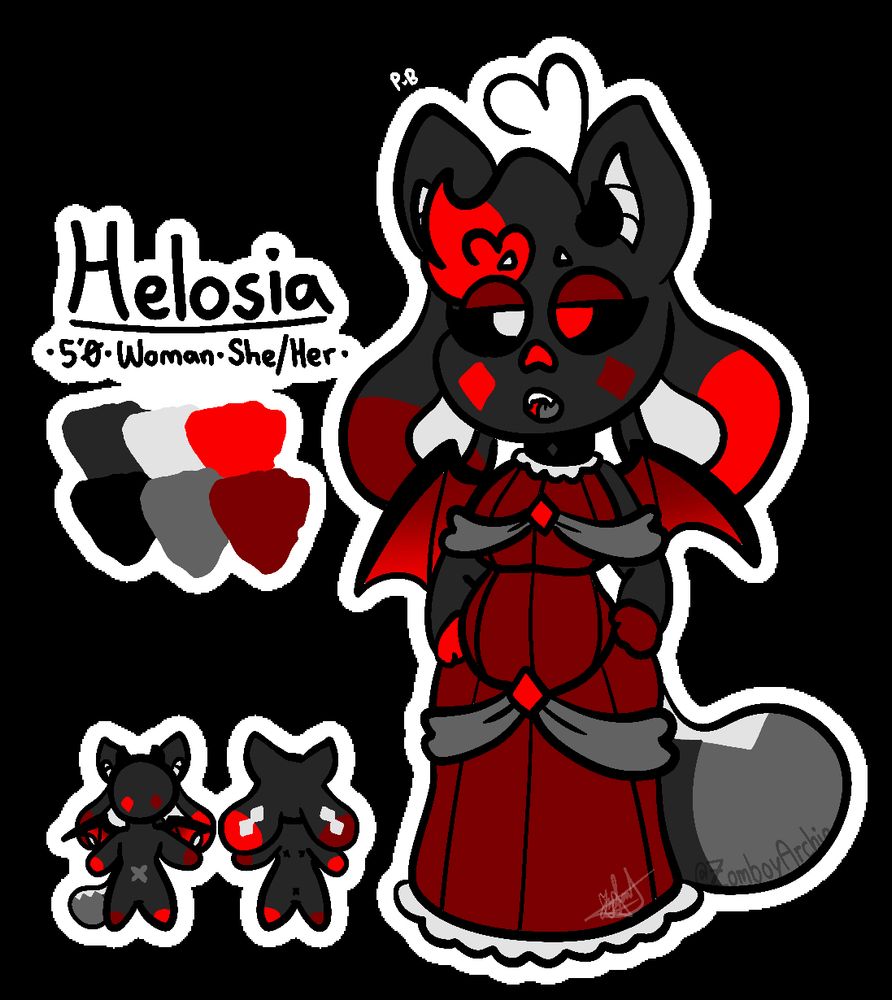 Reference sheet of a bat kittydog oc with a dark grey and red colour palette. Next to her the text says “Helosia” with “5’0 . Woman . She/her” under it. Under that is her colour palette and under that is a front and back view of her fur patterns. 