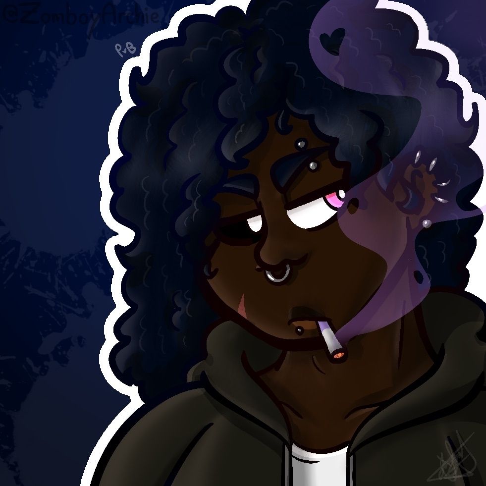 A bust drawing of a human smoking a cigarette with a disinterested expression.