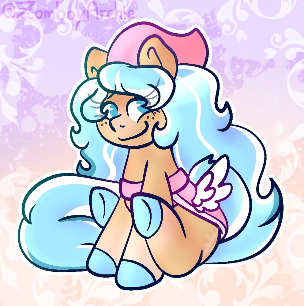 A tan pony sat down with her back legs held up, wearing a pink saddle with a wing. She wears a pink scarf on her head and has a long blue mane and tail.