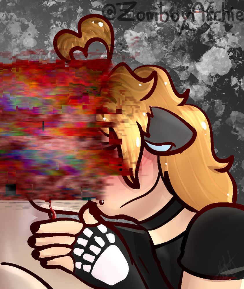 Drawing of two people together, one has its face covered by a red glitch effect, while the other is kissing it.
