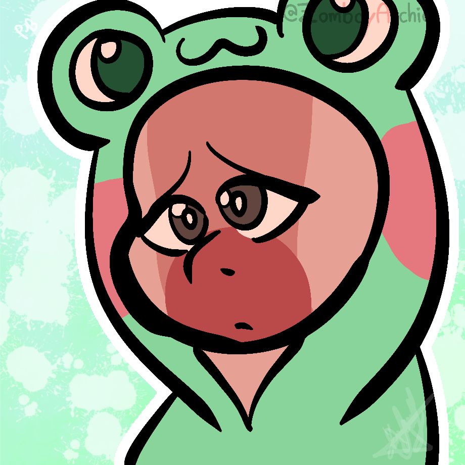 Bust drawing of an animal character wearing a frog sweater.