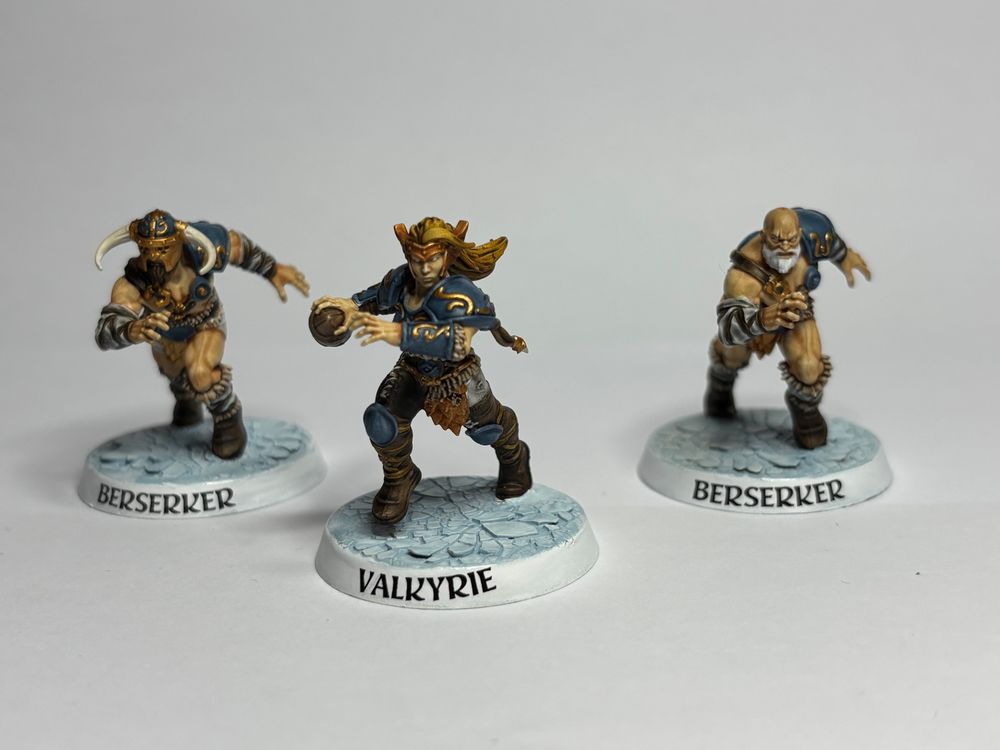 The front of a Valkyrie and two Berserkers from the Norse Blood Bowl team