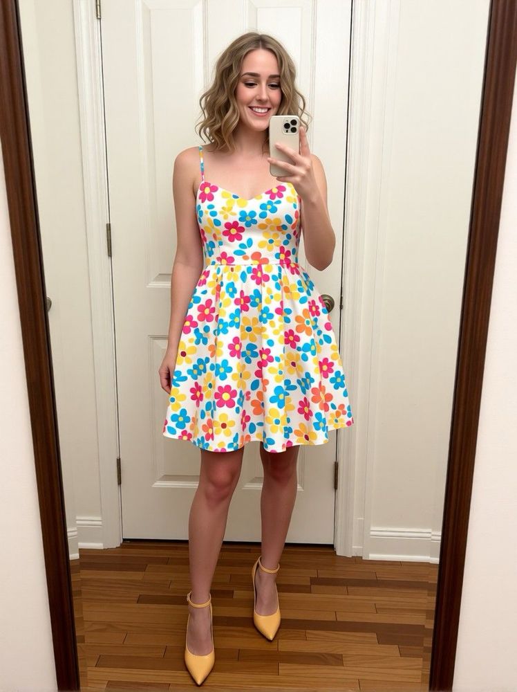 Marcy in a floral dress and yellow strappy heels. 