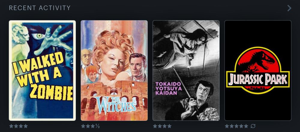 I Walked with a Zombie 4⭐️, The Witches 3.5⭐️, The Ghost of Yotsuya 4⭐️, Jurassic Park 5⭐️