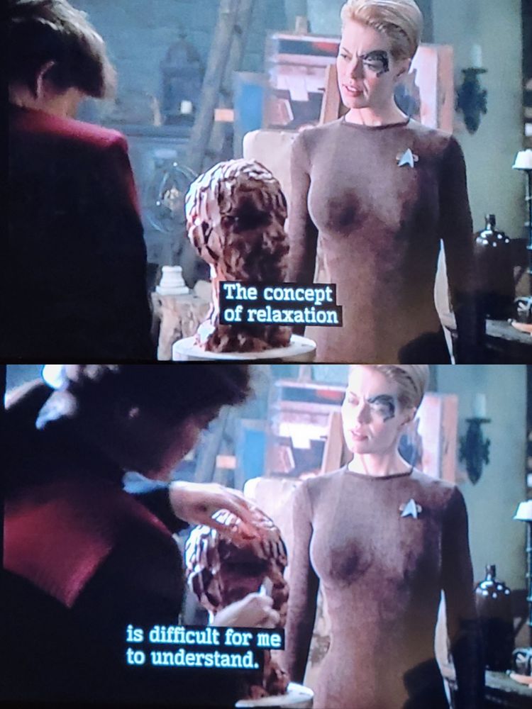 Seven of Nine faces the camera and Janeway in her grey cat suit, she looks mildly annoyed and mostly confused. Janeway's back is largely to the camera and she is working on a reddish brown sculpture of a head. The captions, spoken by Seven (across two panels of this same basic scene) read "The concept of relaxation is difficult for me to understand." 