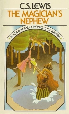 An older edition (60s or 70s, I'd guess based on art style and color scheme) of The Magician's Nephew. Illustration is set into an arched window type shape and depicts a very large woman with orangey red hair flowing out behind her past her waist, wearing an old fashioned dress meant to look medieval ish with reddish orange bodice and vertical stripes of greenish and black on the skirt, as far as we can see it. On her head is a red and black crown. She's in a small pond and splashing out of it (hence part of the skirt not being visible) and is holding onto a girl's long yellow hair above her head. The girl is wearing a pink and orange dress and is herself holding the hand of a boy in a brown suit who is above her. There's an impression that the girl is being pulled in both directions, and that the boy is somehow levitating all three of them upward. The boy is level with the green parts of the stylized trees we see in the background. They're are bits of several other similar small ponds visible amongst the trees. The background around illustration is a creamy off-white, with some blue accents right around the outside of the illustration. The title is given in bright orange, the author's name at the very top in black. 