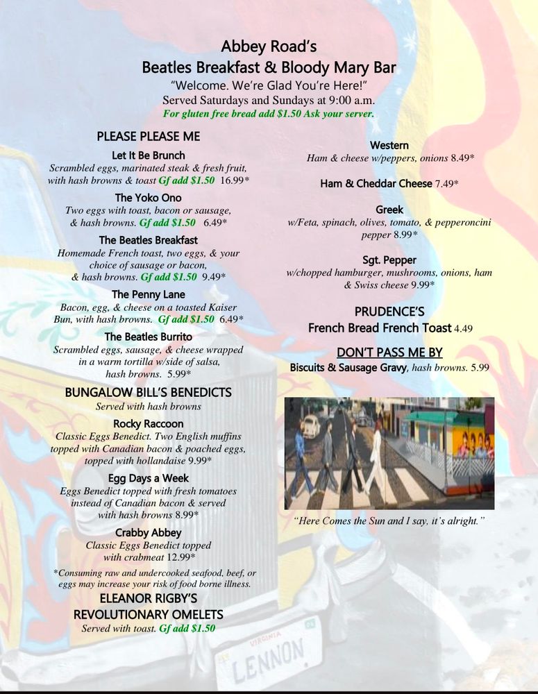 Menu of Abbey Road's Beatles Breakfast featuring Let It Be Brunch, The Yoko Ono, The Penny Lane, Egg Days a Week, and Eleanor Rigby's Revolutionary Omelets.