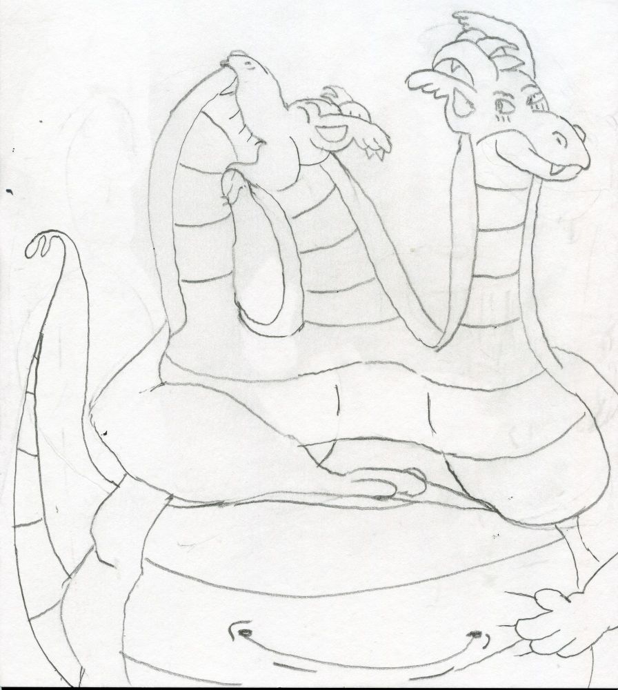 Nano with three heads. One head is being eaten by the middle head. Both hands are rubbing their big belly.

Paper size: 6 in x 8 in 