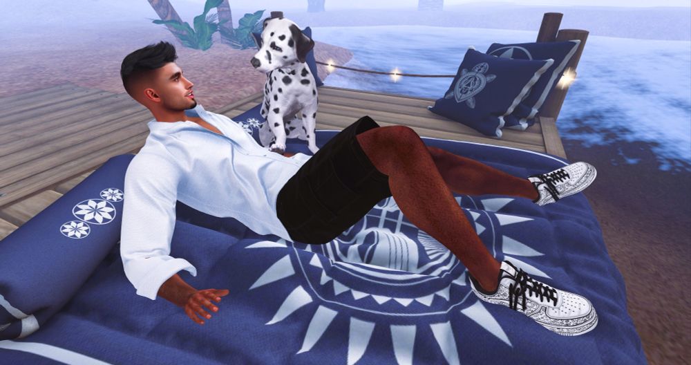 man lying on a blanket on a dock next to a dalmatian, smiling at the dog.