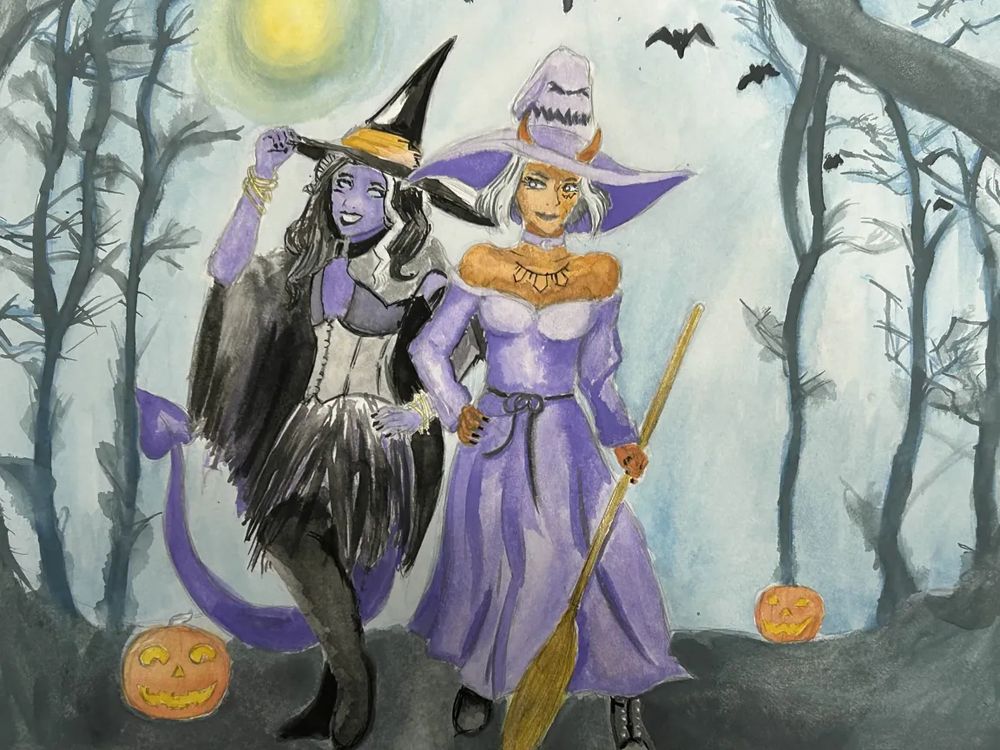 WIP watercolour painting of two tieflings dressed as witches for Halloween.