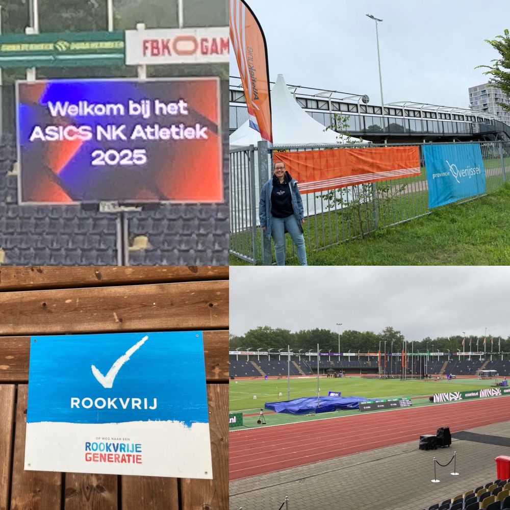 Foto collage van Elke Slagt-Tichelman, tweede kamerlid bij de ingang van het stadion , afbeelding rookvrij en het nu nog wat stille stadion want de atleten druppelen binnen. 