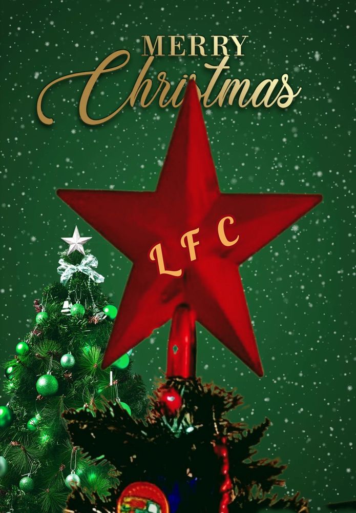 The red star on the top of my Christmas tree, on a photo app seasonal background saying Merry Christmas, with the letters L.F.C. superimposed. 
