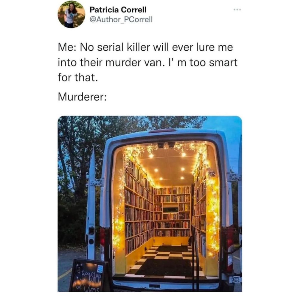 Picture shows double back doors of white van open and strung with little fairy lights that cast a golden glow throughout the space. The space is retrofitted with 3 sides of bookshelves filled with books. Larger squares of black and white tiles laid out in checkerboard pattern for flooring with a black no slip mat/rug on top. 