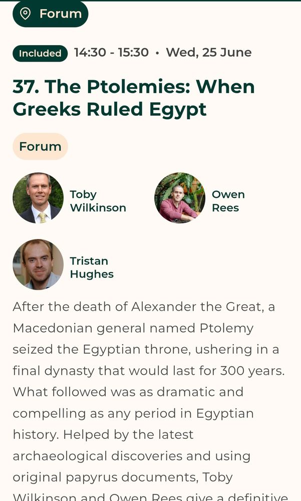 Screenshot advertising a talk about Ptolemaic Egypt. The background is a cream colour with a green banner. Authors photos sit in small circles - all three are white men with short hair.