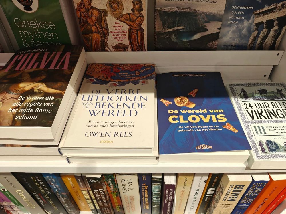 A table of ancient history books on a shelf surrounded by dozens more. They are written in or translated into Dutch.