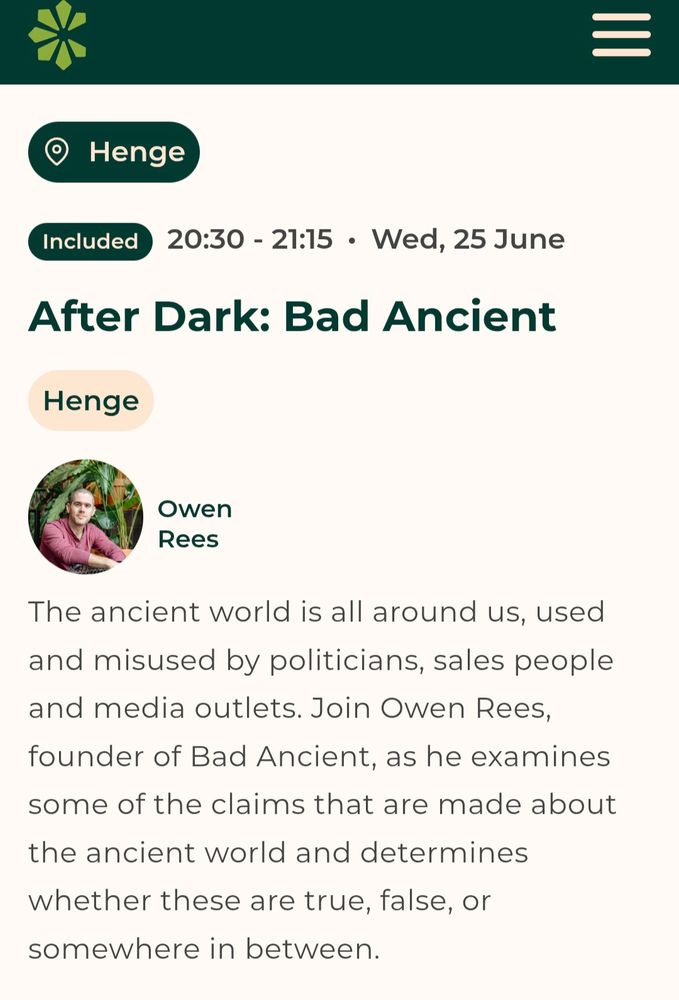 Screenshot advertising a talk about Bad Ancient. The background is a cream colour with a green banner. An authors photo sits sin a small circle on the left hand side - it is a white male with short dark hair wearing a pink long-sleeved top.