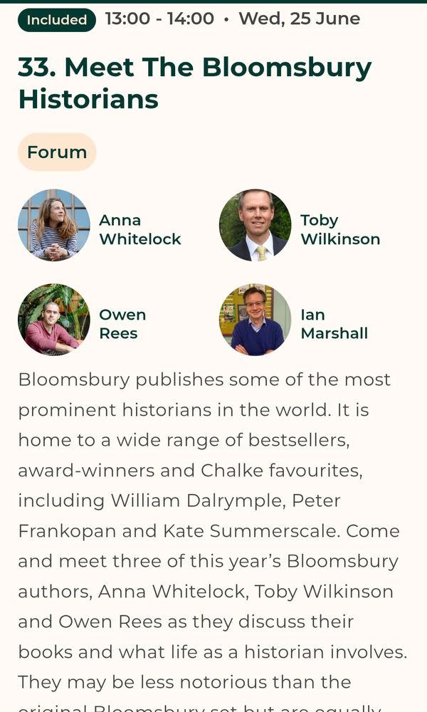 Screenshot advertising a talk about being history writers for Bloomsbury. The background is a cream colour with a green banner. Authors photos sit in small circles - one woman and three men.